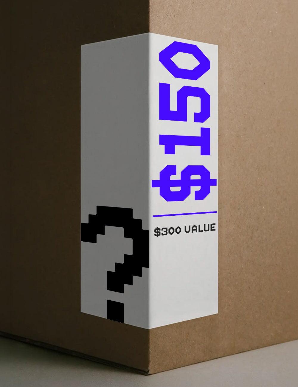 cardboard box with white label with question mark and text that reads "$150. $300 Value"