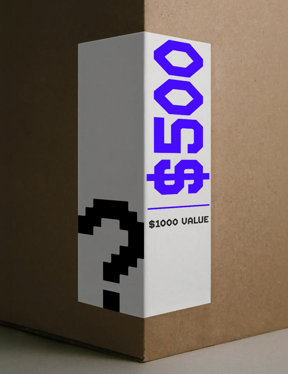 cardboard box with white label with question mark and text that reads "500. $1000 Value"