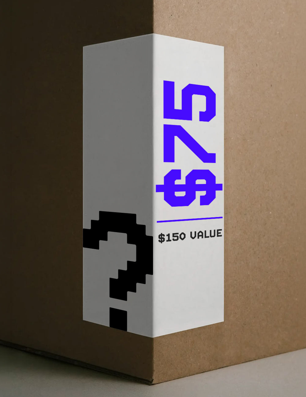 cardboard box with white label with question mark and text that reads "$75. $150 Value"
